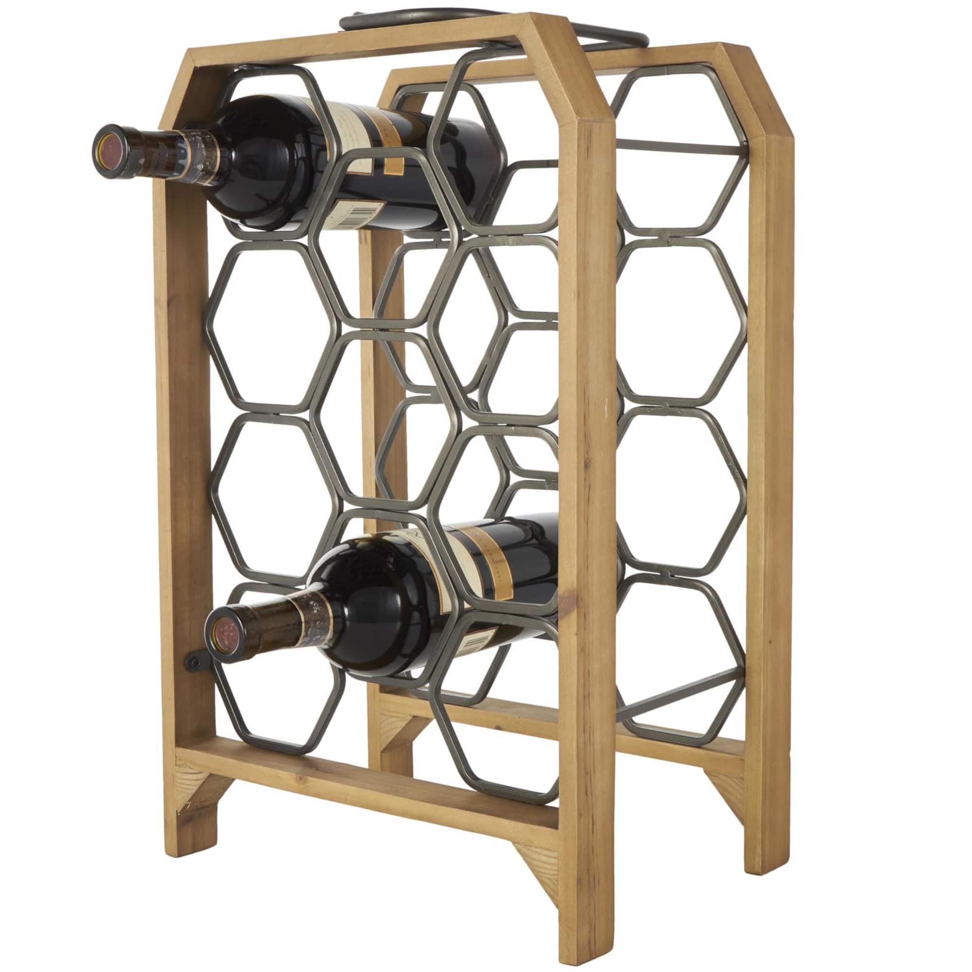12" x 9" x 20" Brown Geometric 11 Slot Wooden Wine Rack with Gray Metal Curved Teardrop Holders
